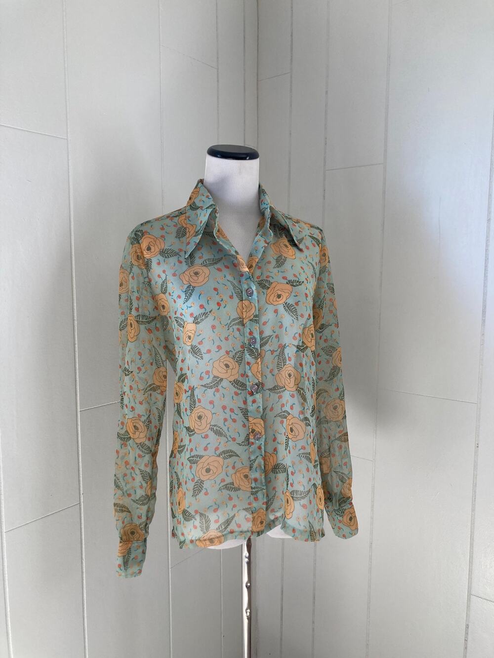 Vintage Darra Sheer Floral Buttondown Blouse, Size 11/12